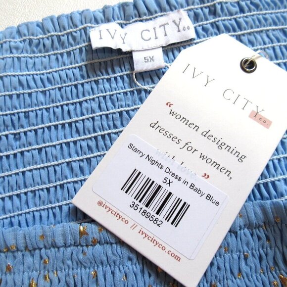 NWT Ivy City Co Starry Nights Midi Baby Blue Gold Smocked Puff Sleeve Dress 5X - Picture 4 of 5
